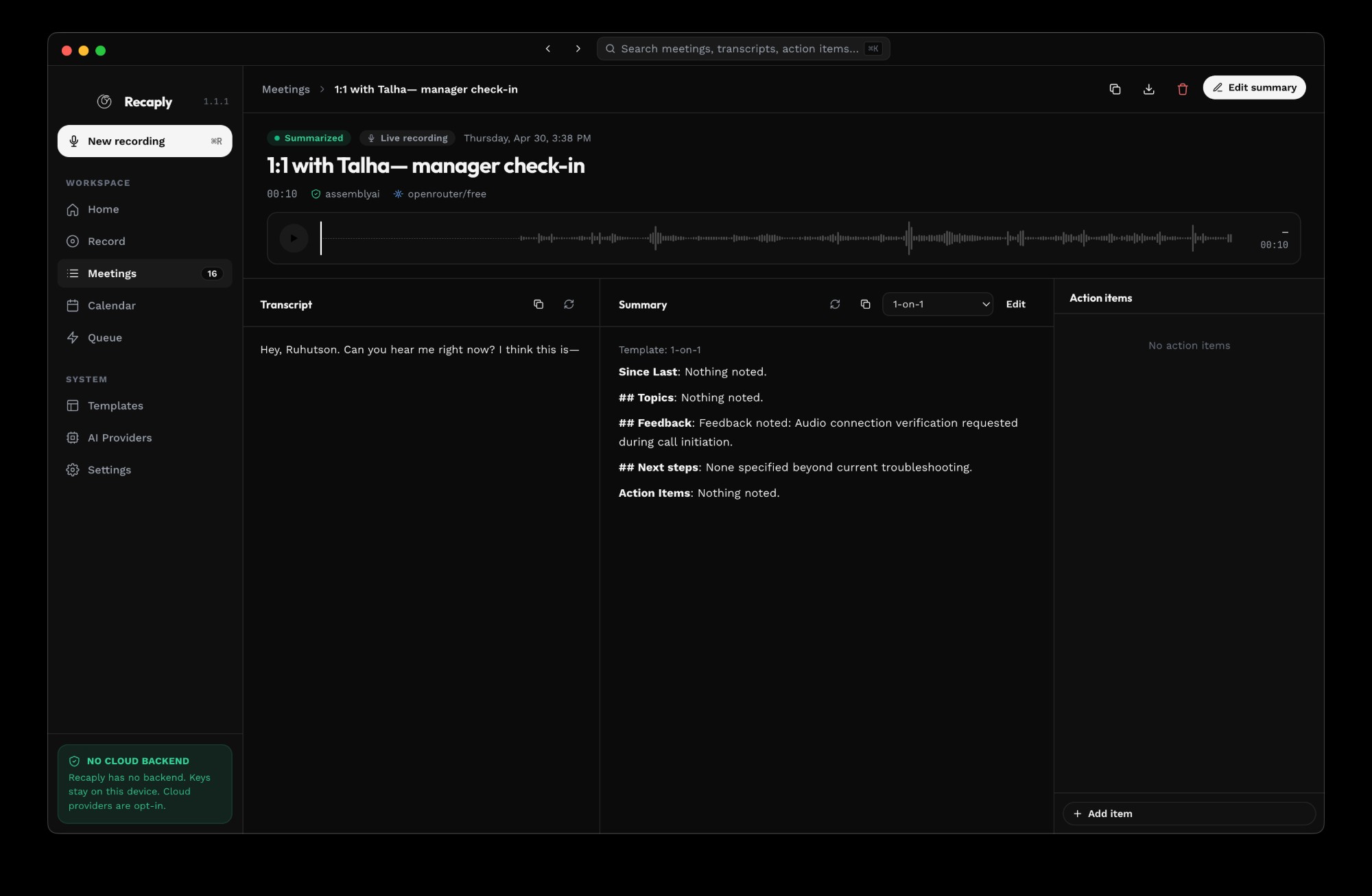 Recaply summary screen